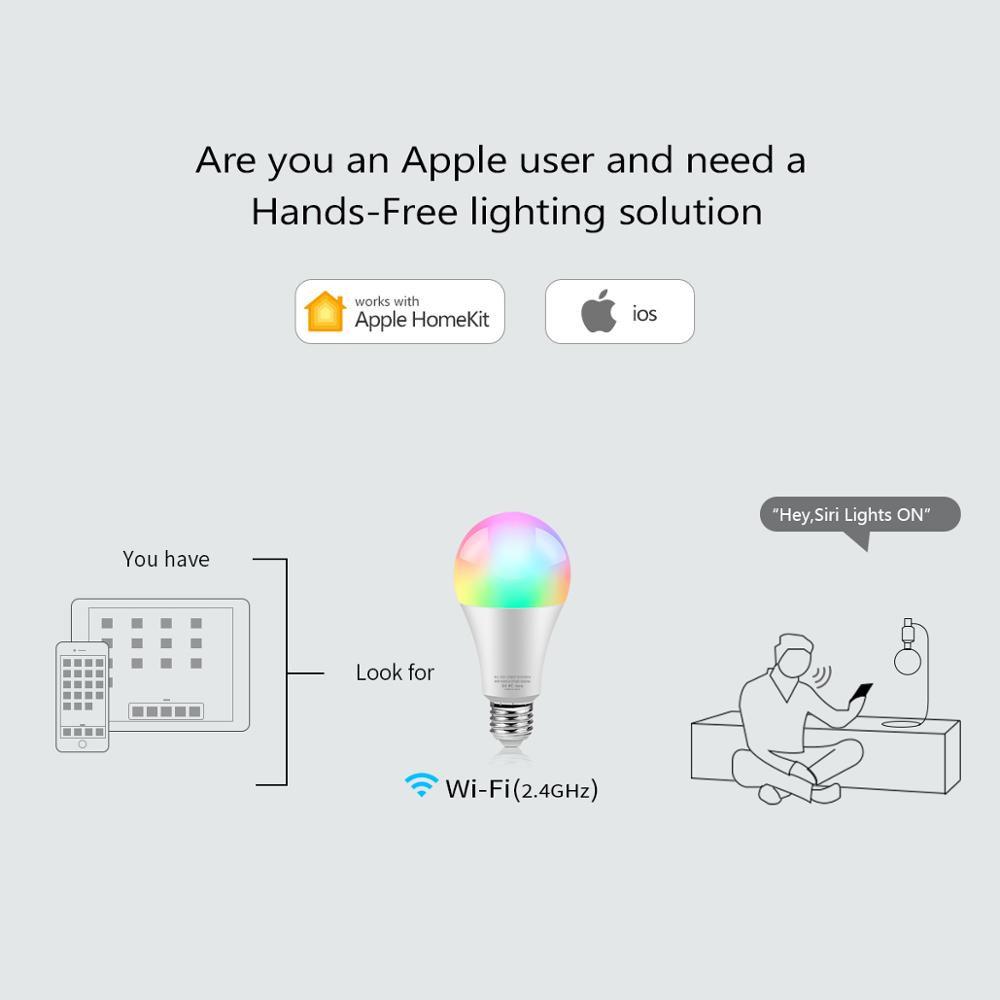 Smart Home LED lamp 15W RGB E27 WIFI Smart light Bulb Work with Apple HomeKit Siri Voice Control Dimmable Full Color lighting