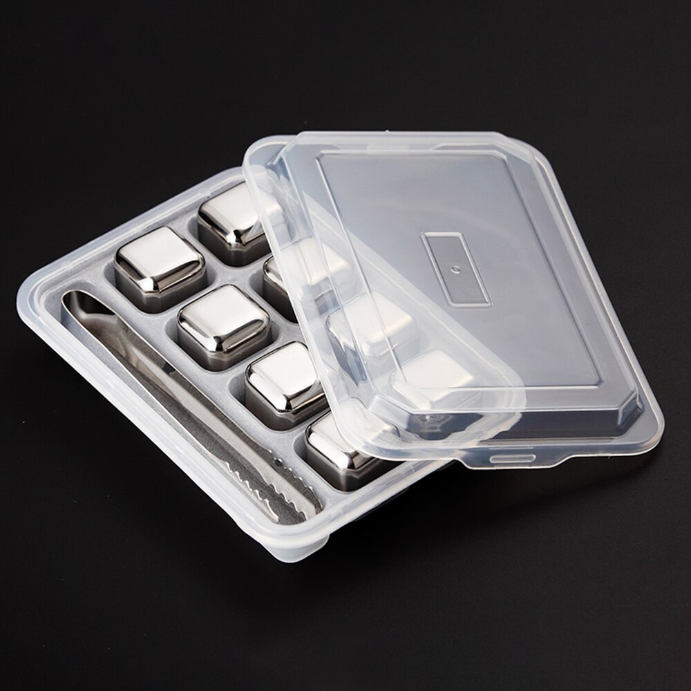 8PCS/set Stainless Steel Ice Cubes Reusable Chilling Stones Whiskey Wine Cooler Stones Chiller Ice Mold Cube Maker Silicone