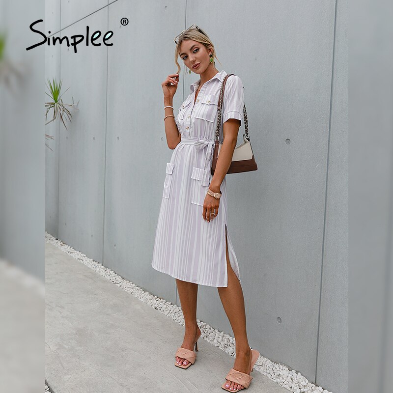 Simplee elegante abito da donna a righe a manica corta 2021 bottone Casual camicia con lacci colletto abiti estivi abiti da donna per ufficio