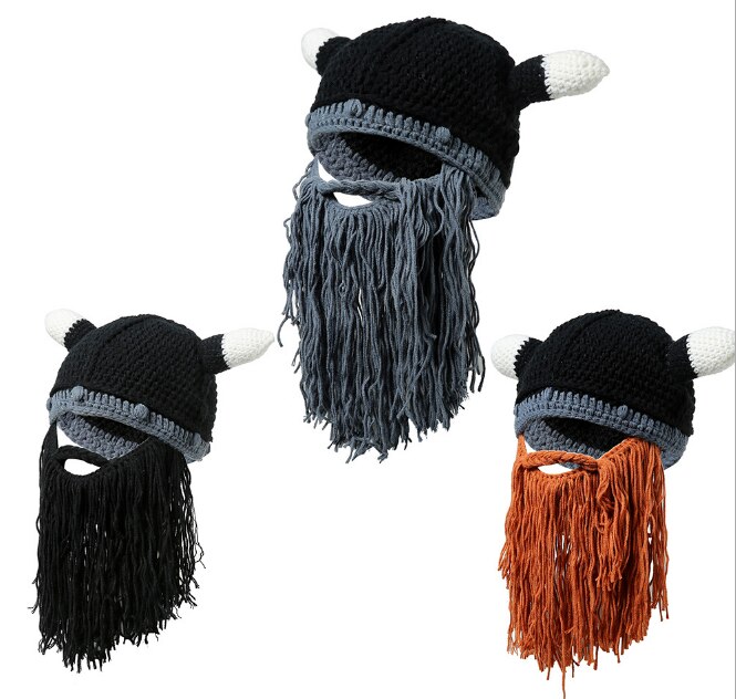 Men's Barbarian Vagabond Viking Beard Beanie Horn Hats Handmade Winter Warm Birthday Cool Funny Gag Halloween CaP