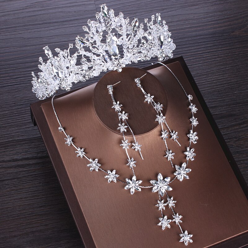 Conjuntos de joias florais de noiva, zircônio cúbico, coroa, brinco, gargantilha, conjunto de cristal, casamento, contas africanas, conjunto de joias: 3Pcs Jewelry Set