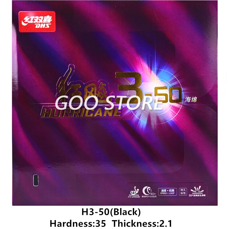 DHS Hurricane 3-50 / SKYLINE 3-60 Pips-In Table Tennis Rubber (Control / Loop) Original DHS Ping Pong Sponge: Black H35 T2.1
