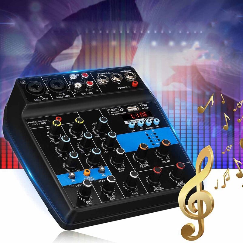 Retail Draagbare 4 Kanalen Usb Mini Sound Mixing Console O Mixer Versterker Bluetooth 48V Phantom Power Voor Karaoke Ktv wedstrijd