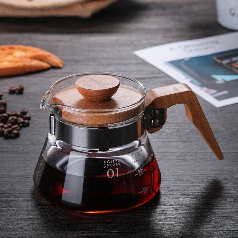 Wooden Handle Pour Over Glass Range Coffee Server Glass Coffee Maker Hand Drip Coffee Pot Dripper Pots Glass Kettle Brewer Clear