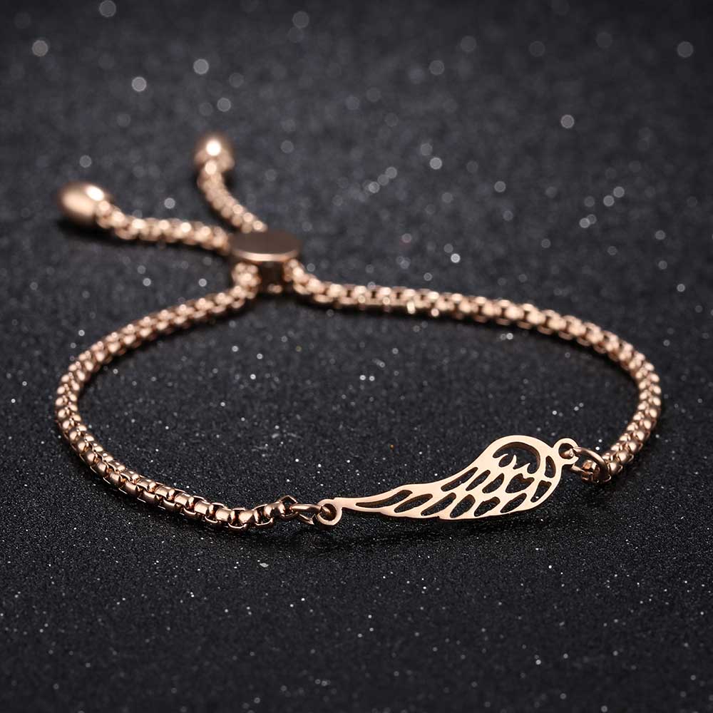 Lokaer Popular Titanium Steel Angel Wings Feather Bracelets Rose Gold Color Bracelet Length Adjustable Pulseira B17073