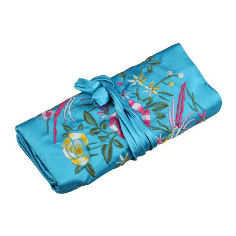 Portable Ladies Travel Jewelry Roll Bag Embroidery Jewelry Packaging Bag Women's Jewelry Organizer Case Pouch: lake blue