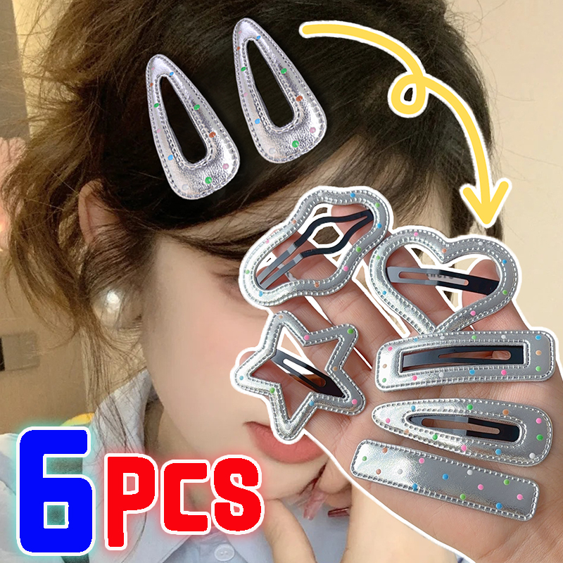 Horquillas plateadas de PU Y2K, pinzas para el cabello de varios estilos, estrellas BB, horquillas con Clip, pasador lateral bonito, accesorios para el cabello para mujer