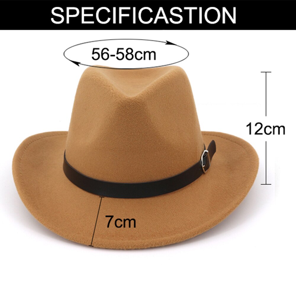 FS-sombreros Fedora de lana para hombre y mujer, sombrero de fieltro de Trilby, visera rizadora Vintage, sombrero de vaquero con cinturón de cuero, para invierno