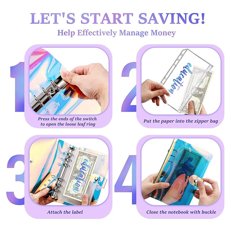 PVC Notebook Cover Planner Budget Binder Organizer 6 Round Ring Protector Binder With 24 Zipper Folder (Rainbow)