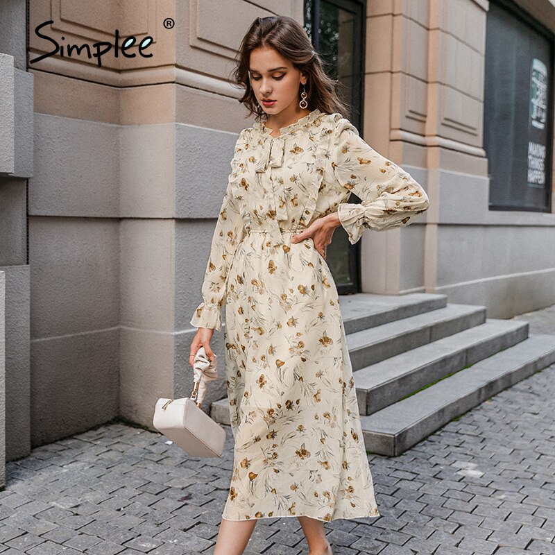 Simplee Elegante Bloemenprint Herfst Winter Vrouwelijke Jurk Causale Lace Up Lange Mouw Print Jurk Mode Vrouwen Jurk