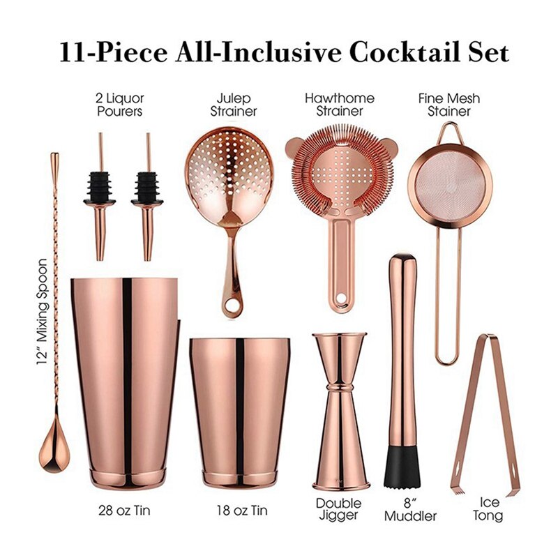 11- delt bartender sæt cocktail boston shaker barware sæt inkluderer 28 og 18 oz,  cocktail si sæt, dobbelt jigger