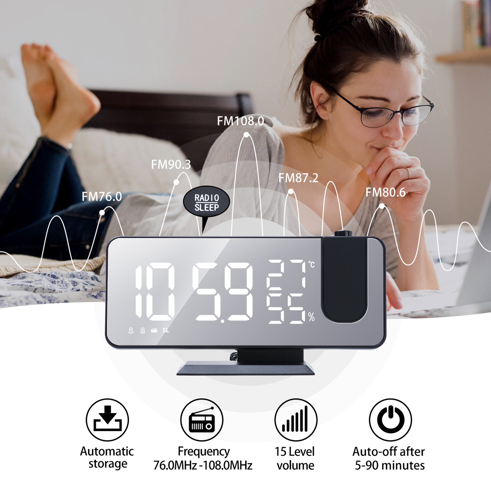 Projector Wekker met Radio, Digitale Klok, USB-wekker met Dubbel Alarm