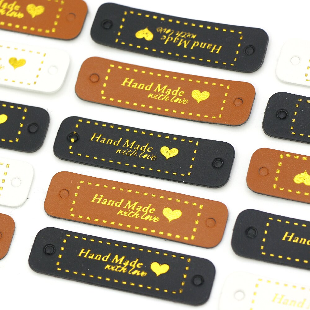 50 st 56 x 15mm etiketter bruna/svarta/vita etiketter handgjorda hjärtmönster läderetikett gjord med kärlek gör det själv kläder sytillbehör