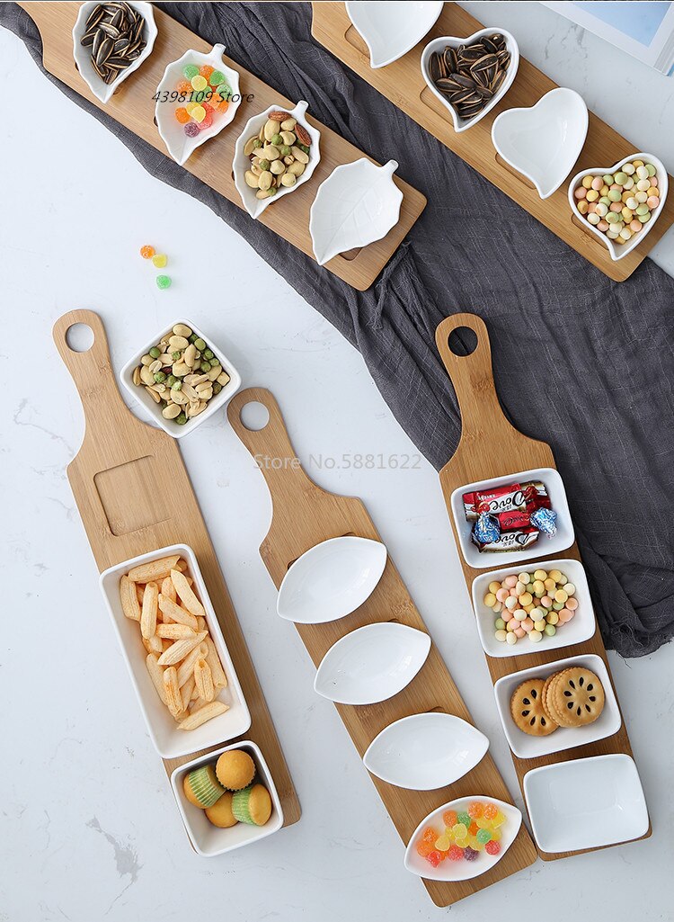 Bandeja de cerámica de estilo japonés para fruta, vajilla creativa de bambú Natural para aperitivos, frutos secos, postres y salsa