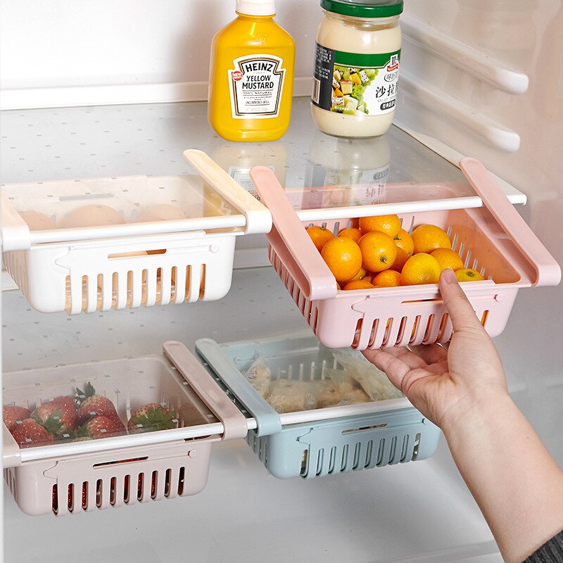 Kitchen Organizer Adjustable Refrigerator Storage Rack Fridge Freezer Shelf Holder Pull-out Plastic Drawer Organiser Space Saver
