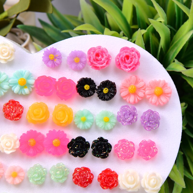 36 Pairs/Set Pink Flower Earrings Trendy Mix Cartoon Plastic anti-allergy Stud Earrings for Women Girls Child Jewelry