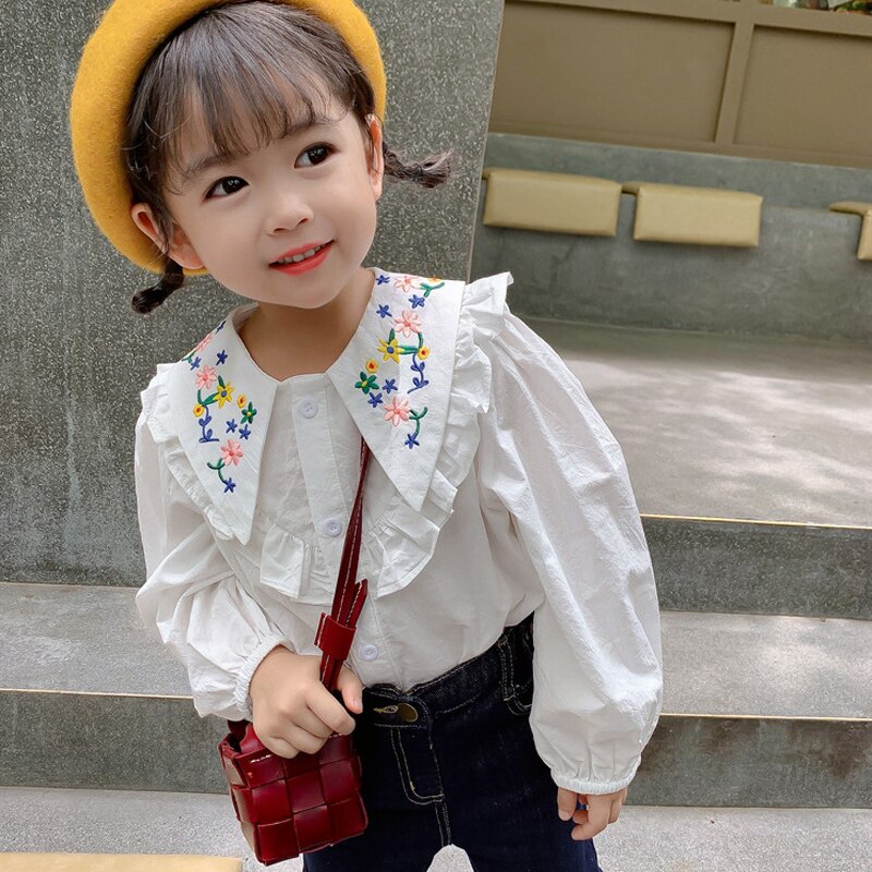 Meisjes Shirt Borduren Grote Kraag Lange Mouwen Top Kant Stiksels Lange Mouwen Shirt 2022 Lente Casual Kinderkleding