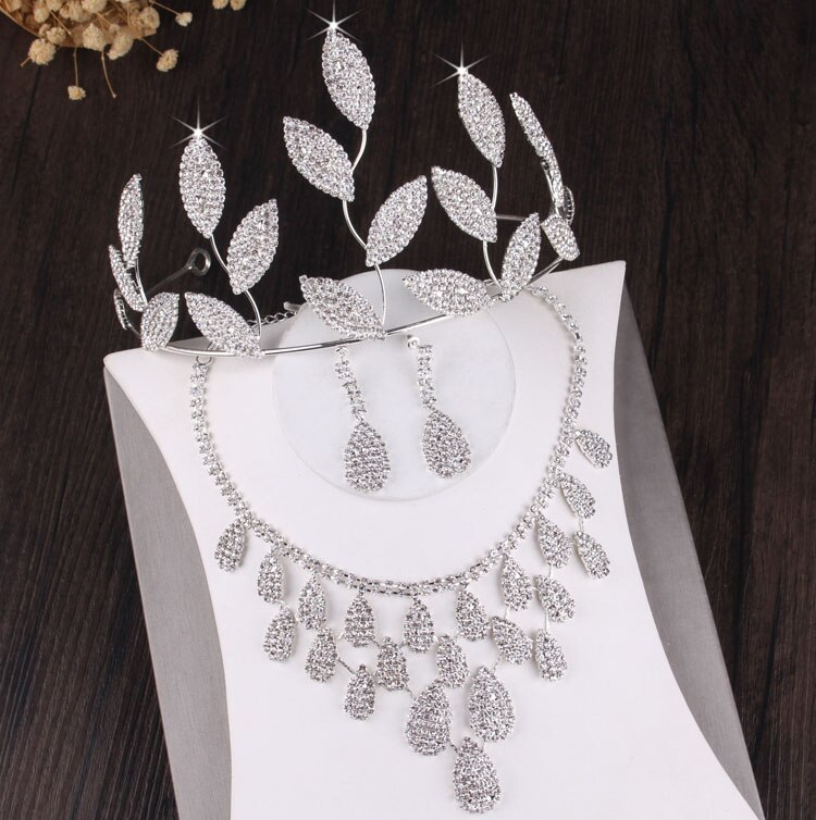 Barroco luxo espumante cristal folhas conjunto de jóias strass tiaras coroa colar brincos de casamento contas africanas conjuntos de jóias: 3Pcs Jewelry Sets