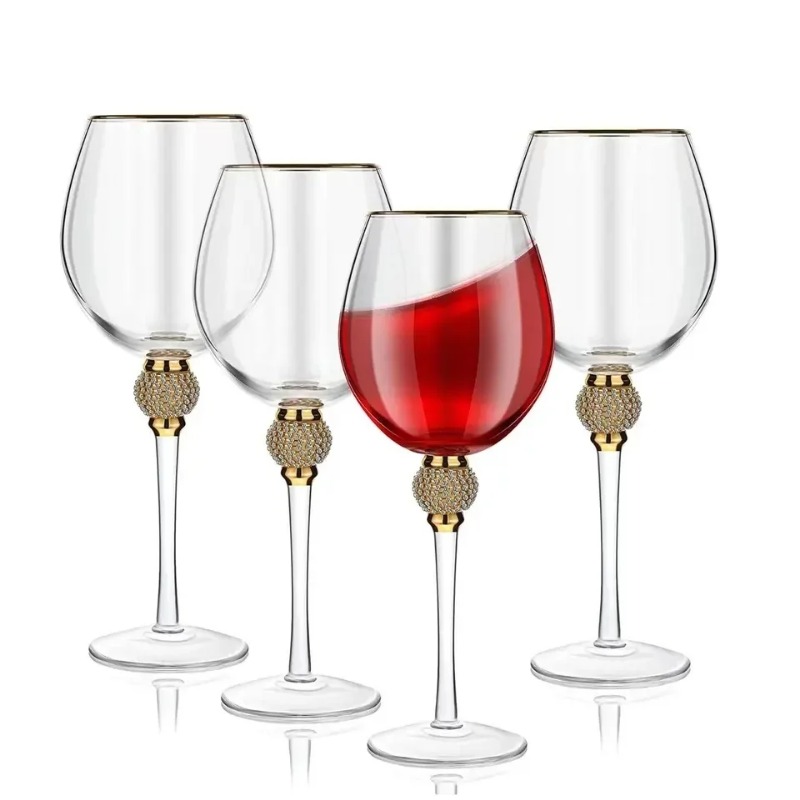 Juego de copas de vino con borde dorado de cristal, 2 uds., , con diamantes de imitación, decorativo, tallo largo, flautas de champán, de copa de cóctel