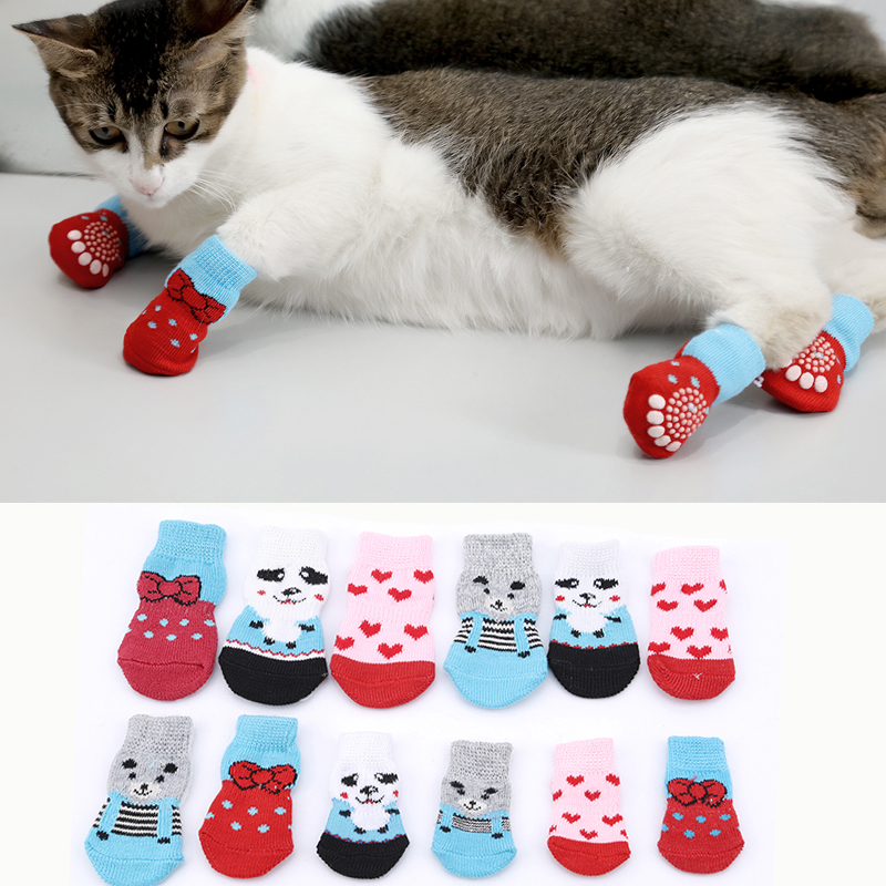 4 pcs Pet Dog Puppy Cat Shoes Slippers Non-Slip Socks Pet Cute Indoor for Small Dogs Cats Snow Boots Socks pet supplies