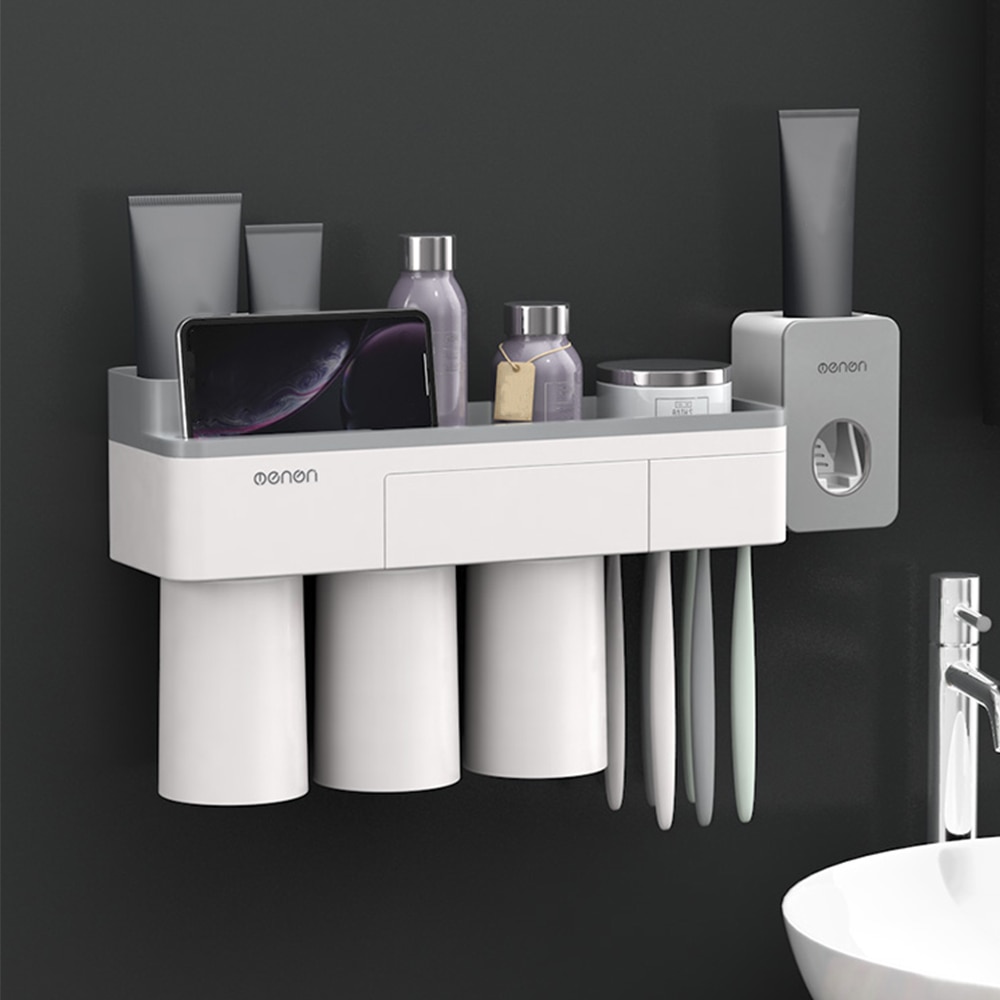 Mengn Toothbrush Rack Wall Mounted Toothbrush Holder Cup Organizer Toothpaste Dispenser Washroom Bathroom Storage Rack Shelf