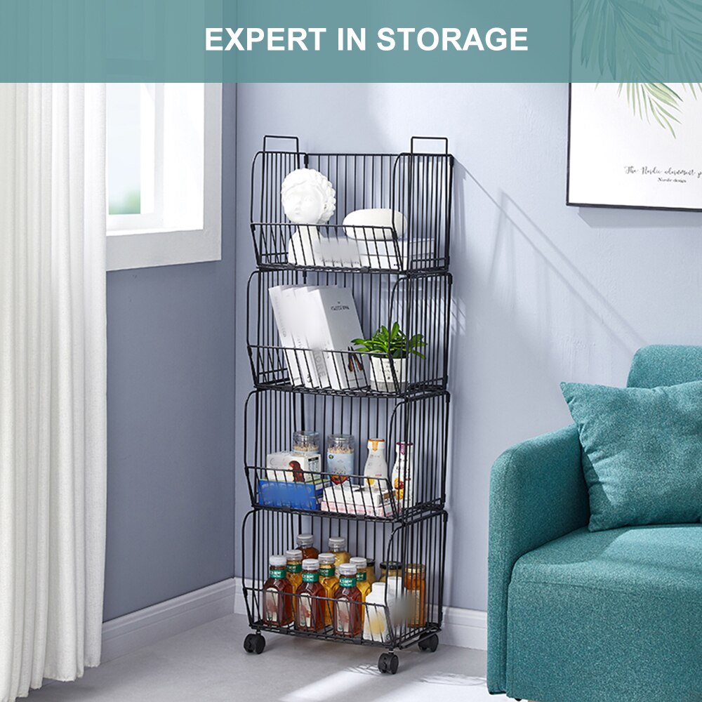 4 Tier Stackable Collapsible Kitchen Storage Baskets with Casters TrolleyRack Shelf Rolling Storage Bins for Kitchen Bathroom