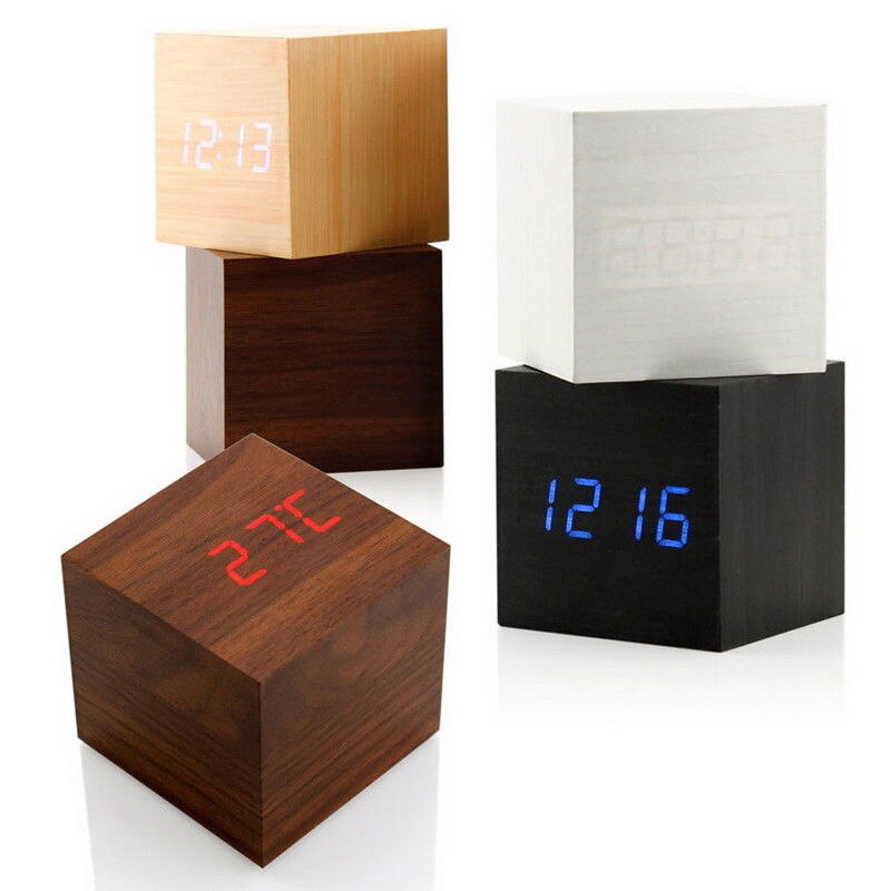 Kubus Houten Klok Digitale Led Desk Tafel Wekker Thermometer Klinkt Controle Led Display Kalender BestSelling2018Products