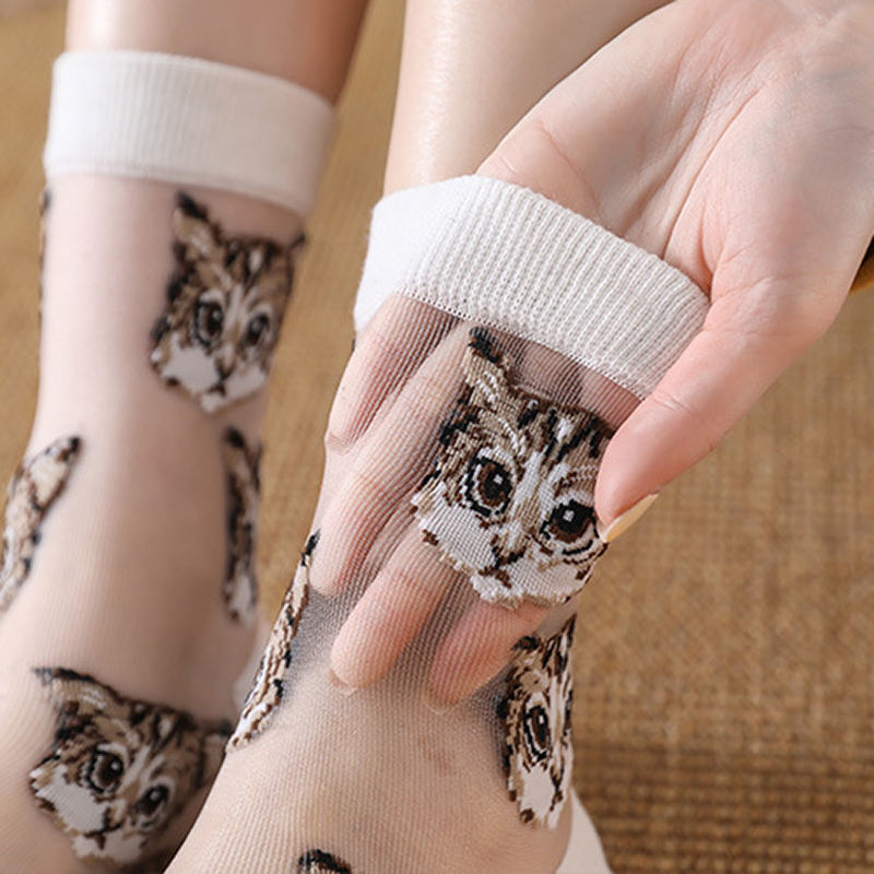 Femmes Transparent mignon chat chaussettes Kawaii dames japonaise coréenne à la été mince cristal soie chaussette en Fiber de verre bas