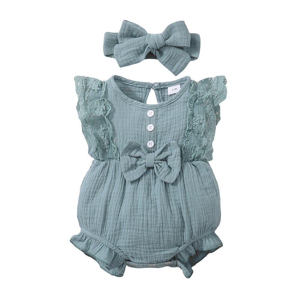 Baywell – body à volants en dentelle pour bébés filles, joli nœud papillon + bandeau en coton et lin, combinaisons sans manches pour nourrissons, vêtements doux pour tout-petits: L / 6-12 Months