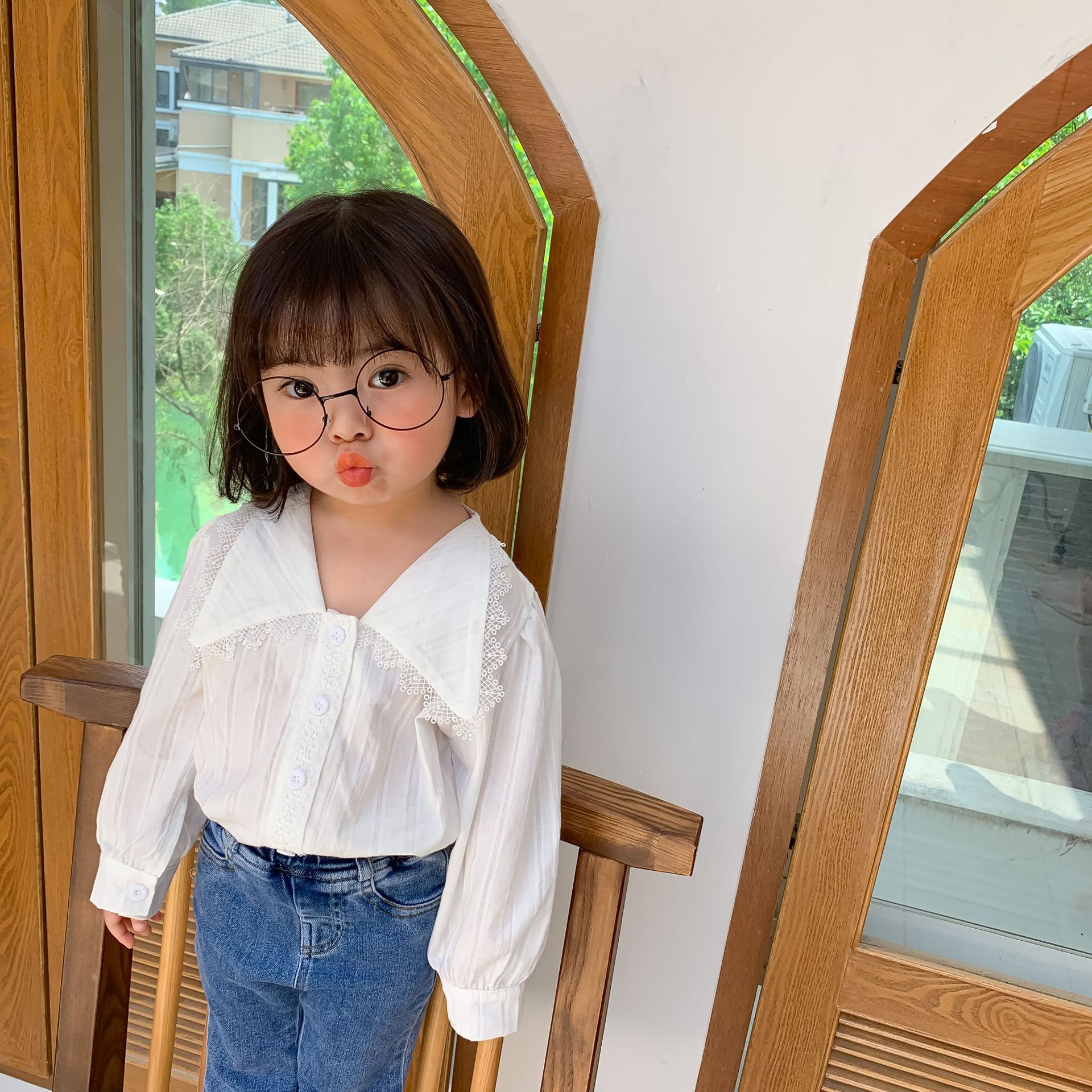 Meisjes Herfst Kant Kraag Shirt Baby Meisje Lange Mouwen Blouses Peuter Kids Effen Kleur All-Match katoen Mode Tops: white / 130cm