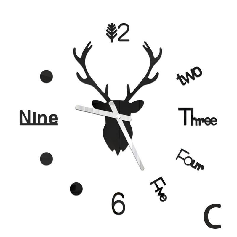 DIY 3D Wall Clock Mirror Wall Stickers Deer Living Wall Watch Decal Quartz Art Large Room Sticker Home Clock W5X9: C