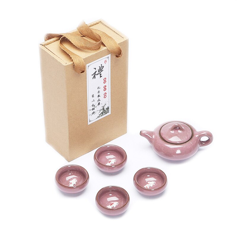 Carp Ice Crack Chinese Tea Travel Set Kung Fu Tea Set Ceramic Portable Teapot Porcelain Teaset Gaiwan Tea Cups Tea Tool: Pink 5Pcs Gift Box