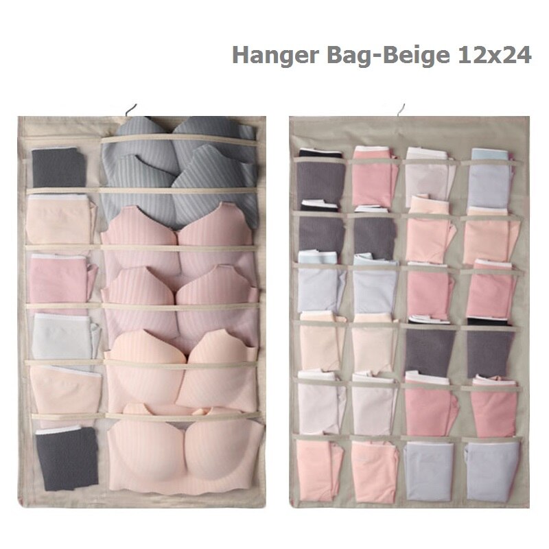 Clothes Storage Hanging Pocket Bag Non-woven Fabric Breathable Double-Side Organizer With Hanger for Bra Underwear Sock Storage: Beige 12x24