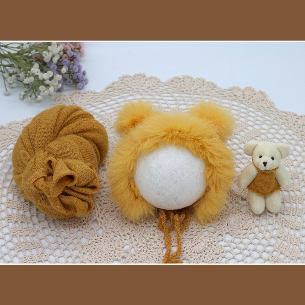 3pcs/set Newborn Photography Props Blanket Hat Baby Photography Wrap Props Bear Doll Baby Photo Shoot Accessories: yellow