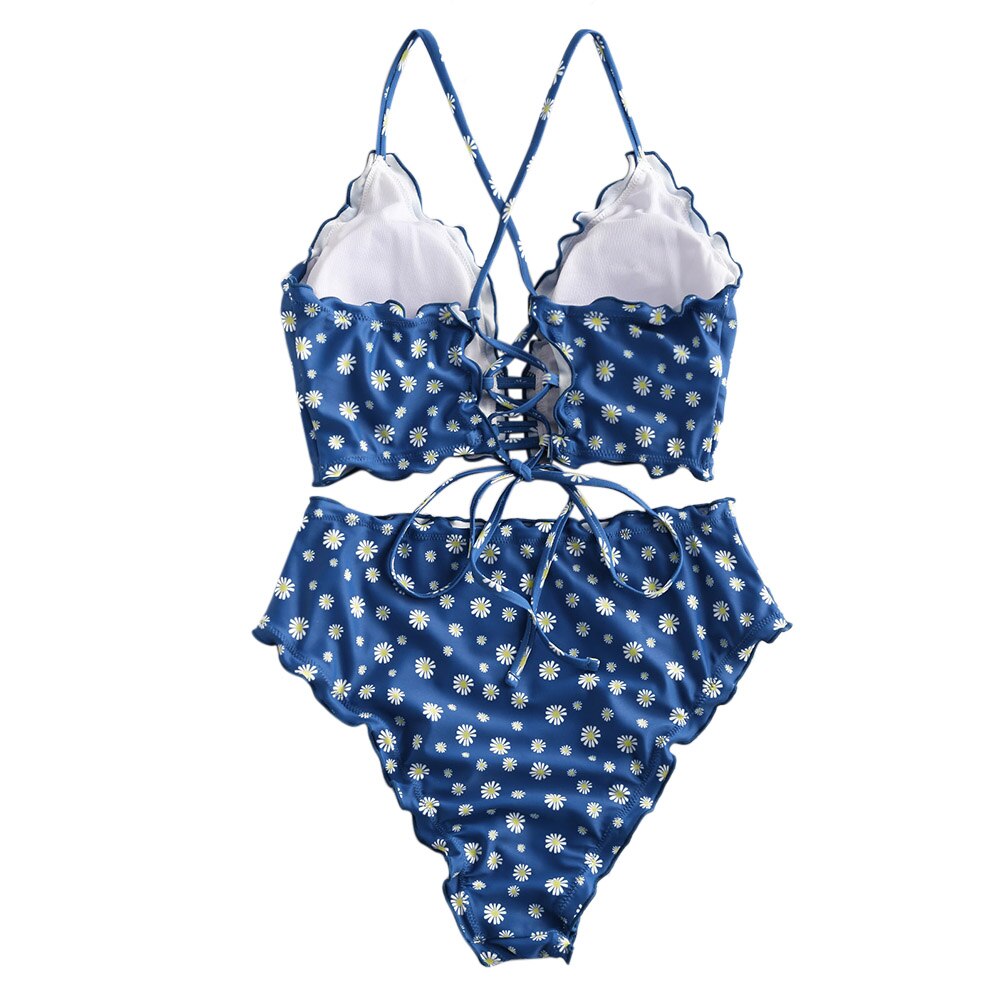 Zaful Daisy Print Sla-Trim Kriskras Lace-Up Tankini Badpak