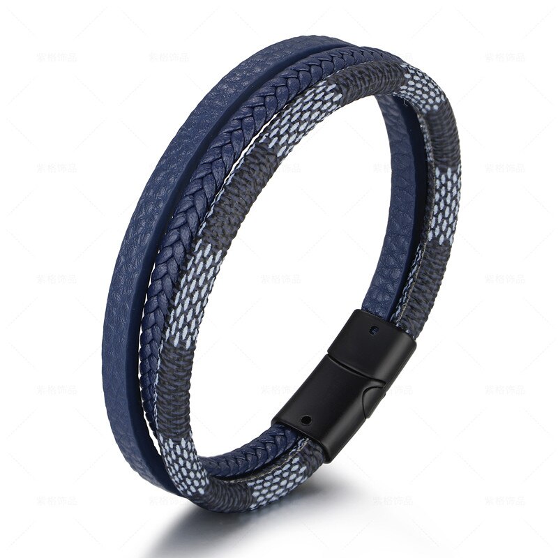 Multilayer Hand Gevlochten Lederen Touw Armband Mannen Sieraden Legering Magneet Gesp Armband Beslet Mannelijke Vaderdag: blue