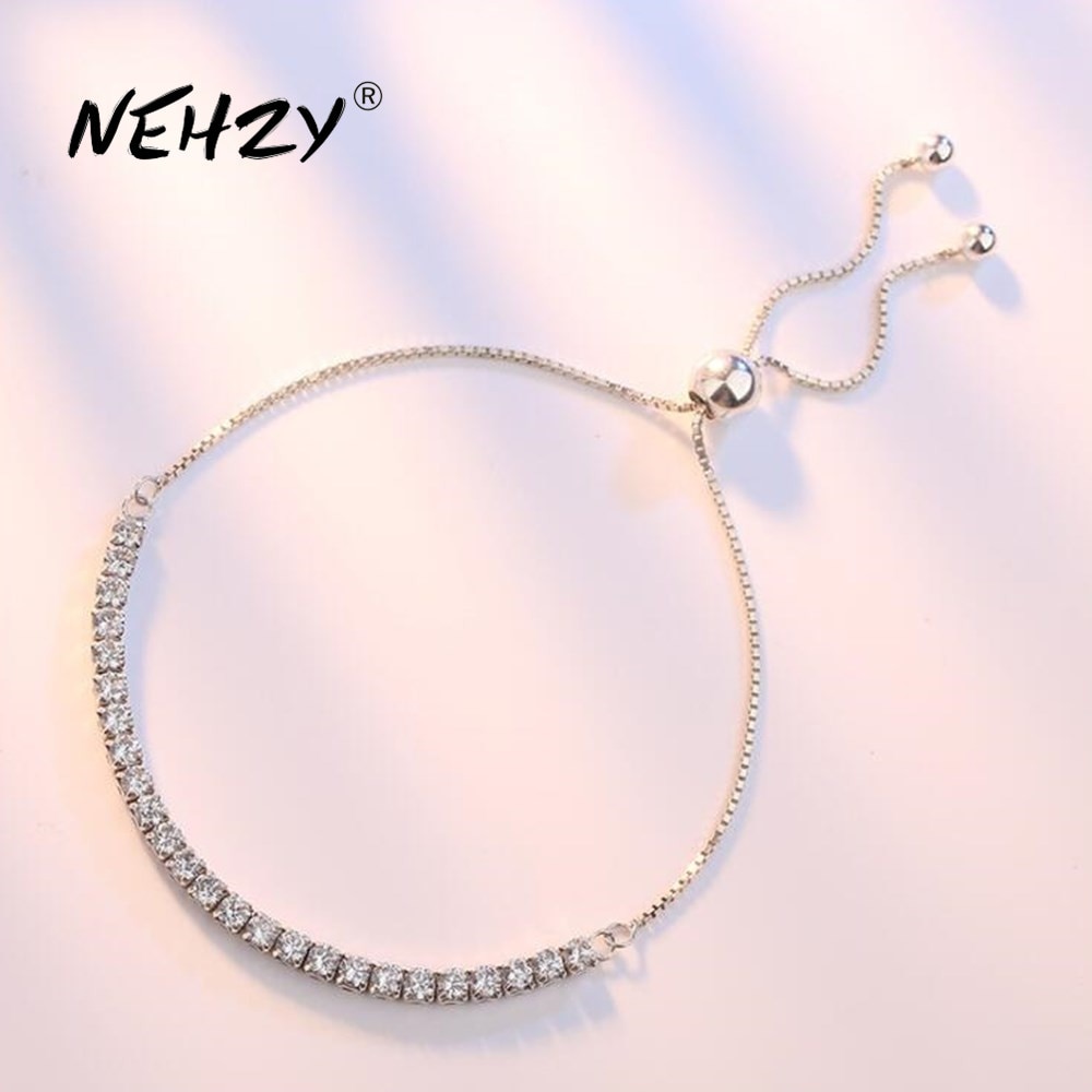 NEHZY-pulsera de plata S925 para mujer, joyería de , retro, simple, Circonia cúbica, redonda, longitud 28CM, ajustable