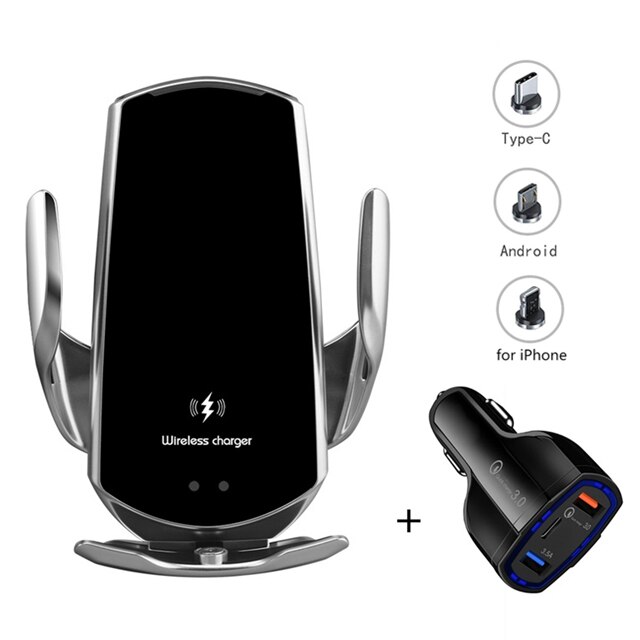Automatic 15W Qi Car Wireless Charger for iPhone 12 11 XS XR X 8 Samsung S21 S20 Magnetic USB Infrared Sensor Phone Holder Mount: Silver Set