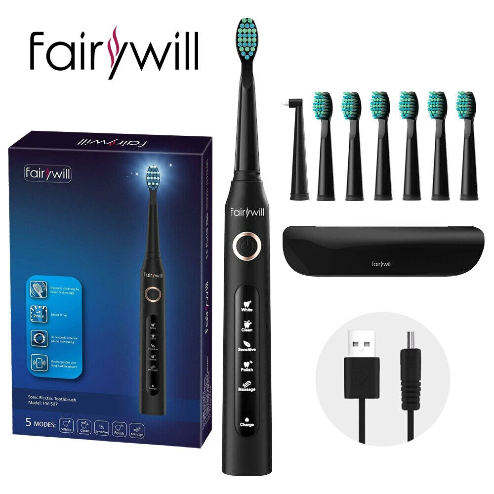 Fairywill Electric Toothbrush FW-507 USB Charger IPX7 Waterproof 5 Mode Sonic Electric Toothbrush Timer Brush with 8 Brush Heads