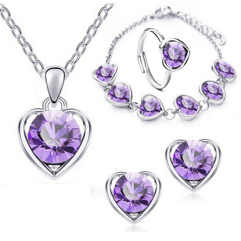 Luxury Female Rainbow Crystal Wedding Jewelry Set Cute Gold Silver Color Stud Earrings For Women Boho Love Heart Chain Necklace: silver purple