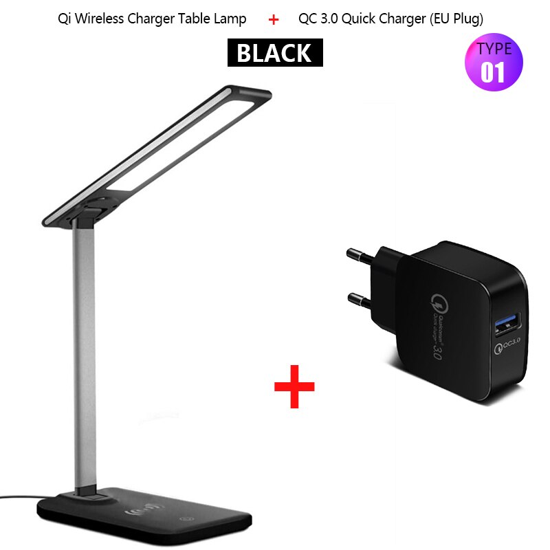 Desk Talbe Lamp Draadloze Opladen 10W Voor Samsung S20 S9 S8 Note 10 + Iphone 11 X Xr Pro max Smartphone Usb Draadloze Laders Pad: Type 1 Black QC3.0