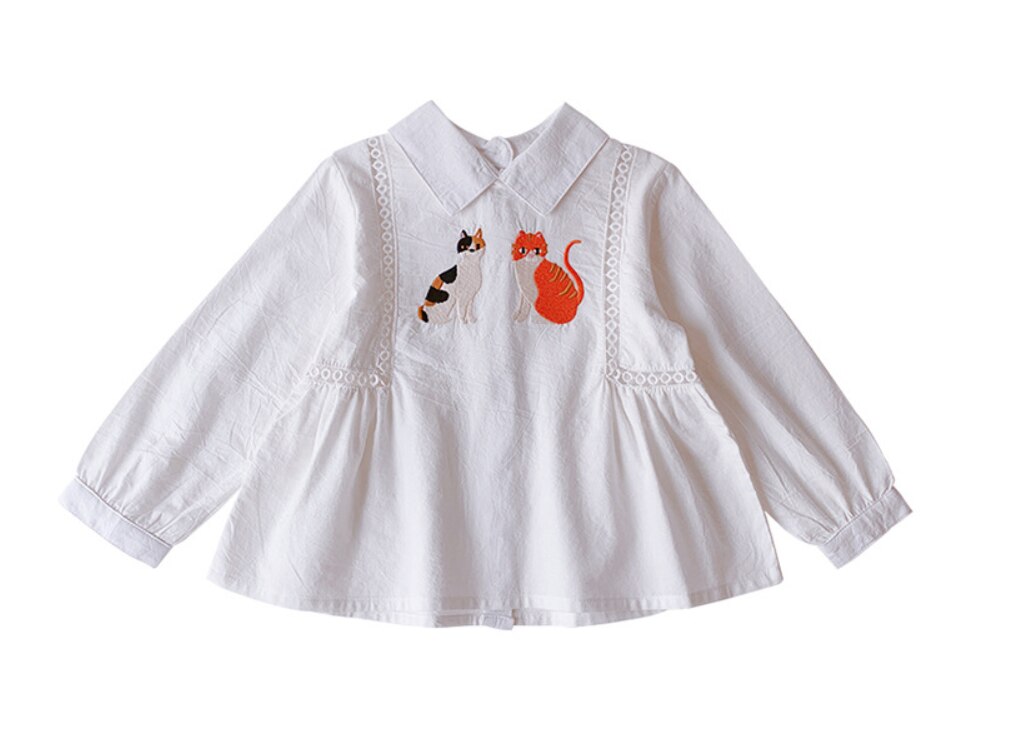 Lente zomer katten borduurwerk lange mouwen blouses voor meisjes katoenen omslagkraag poppenkleding: 3t