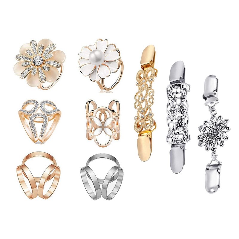 9 Uds. Clips: 6 uds. Cristal de perla falsa Diamante de imitación bufanda anillo hebilla Clip & 3 uds suéter pinzas para chal broche para vestidos Clip