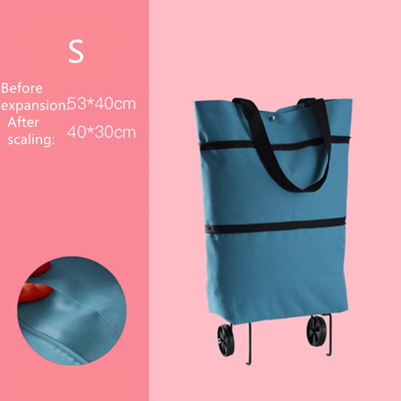 Oxford Folding Shopping Bag Shopping Cart Wheels Bag Small Pull Cart Women's Buy Vegetables Bag Shopping Organizer Tug Package: Lake blue S