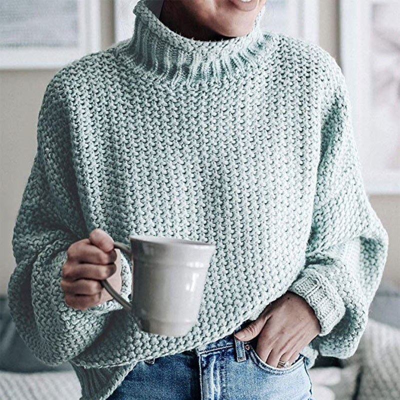 Knitted Turtleneck Warm Women's Sweater Autumn Long Lantern Sleeve Female Sweaters Winter Casual Solid Ladies Pullover
