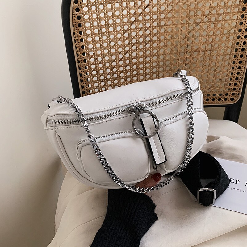 Casual Donne Sacchetto Della Sella Del Sacchetto 2020 Nuove Catene Sacchetto di Spalla della signora A Banda Larga Cross body Bag Femminile Colpo di Strada Marea ragazza Sacchetto Bianco: WHITE