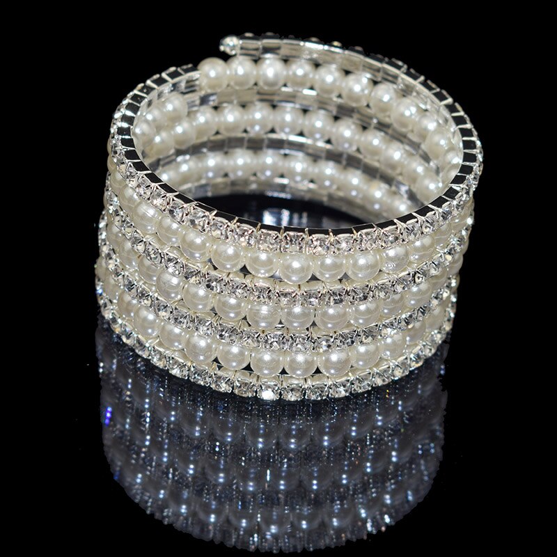 Bracelets multicouches élégants en cristal pour femmes, Imitation perle, plaqué or et argent,: 7 rows of silver