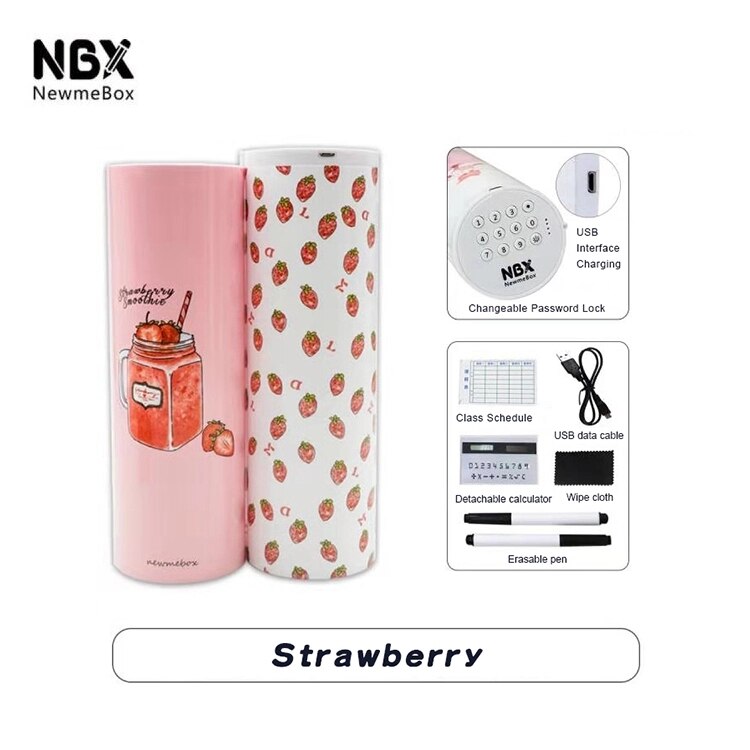 Newmebox Password Pencil Case Cartoon Pattern Pen Holder Large Capacity Stationery Box Coded Lock Home Office School Storage Bag: Strawberry