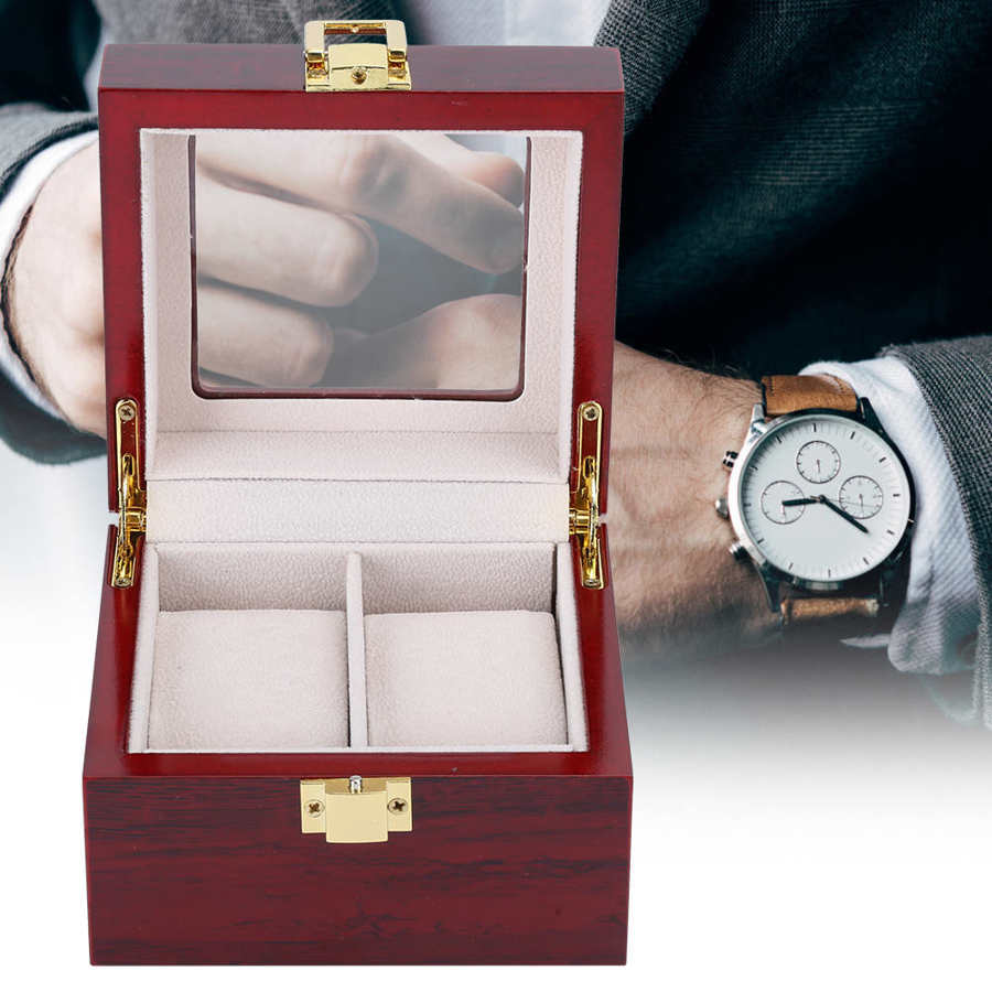 2 Grid Horloge Display Box Transparant Venster Horloge Opbergdoos (Rood) Horloge Doos Gereedschap Houten