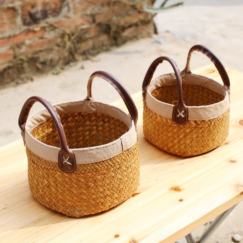 Cesta de mimbre hecha a mano con asa, Mini cesta de almacenamiento, cesta tejida Vintage para algas, maceta, jarrón, contenedor para artículos varios